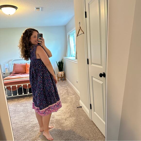 Vintage Blue Pink Cotton Block Printed House Maxi Dress Muumuu Small - Picture 4 of 12